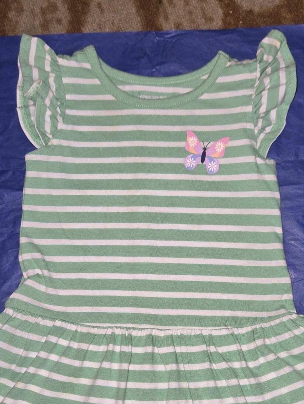 Green & White Striped Girls' Ruffle Sleeve Dress